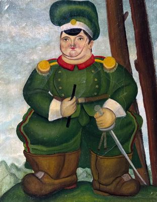 un tableau représentant un homme en uniforme vert tenant une épée