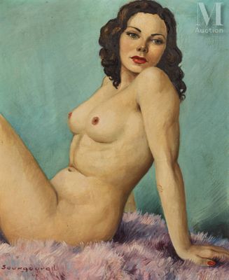 une image représentant un tableau où l'on voit une femme assise sur un tapis rose