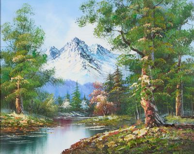 painting of a mountain scene with a river and trees in the foreground