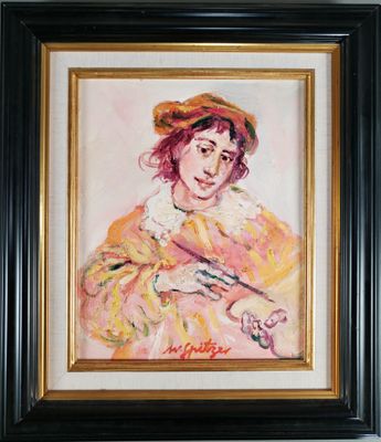 tableau représentant une femme tenant un couteau et une fourchette, dans un cadre noir
