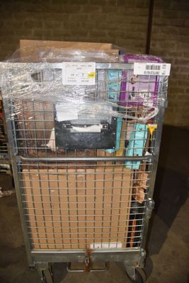 a metal cart with a bunch of boxes on it