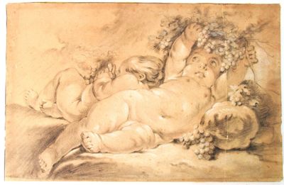 drawing of a baby laying on a bed next to a bunch of grapes