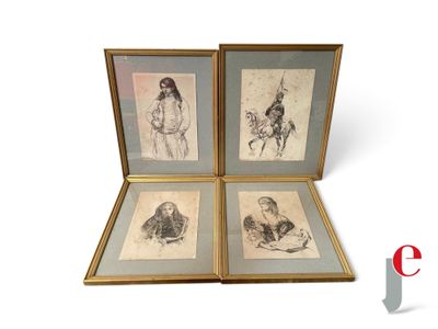 three framed drawings of a man and a woman on horseback