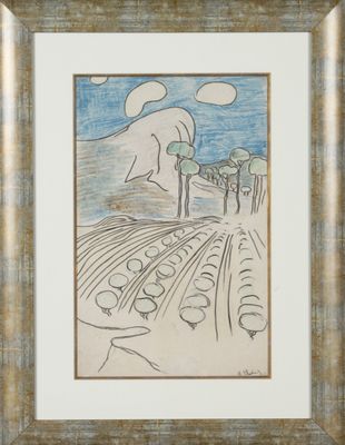une image représentant un dessin de paysage avec des arbres en arrière-plan