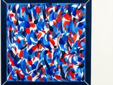 abstract painting of blue, red, and white shapes in a black frame