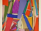 abstract painting of colorful shapes and lines on a white background
