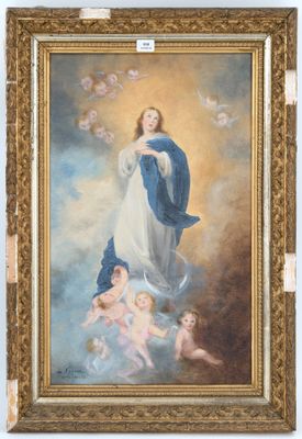 an oil painting of the virgin with angels and chers