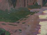 a painting of a person walking down a path
