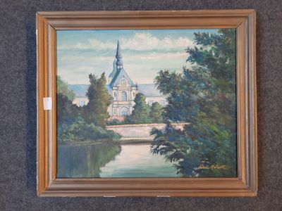 une photo d'un tableau représentant une église au bord de l'eau