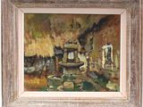une peinture à l'huile représentant un train sur une voie ferrée dans un décor champêtre