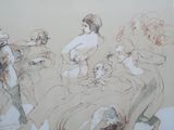 a drawing of a group of people sitting on a couch