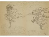 drawing of two men on horseback in the sky with clouds behind them