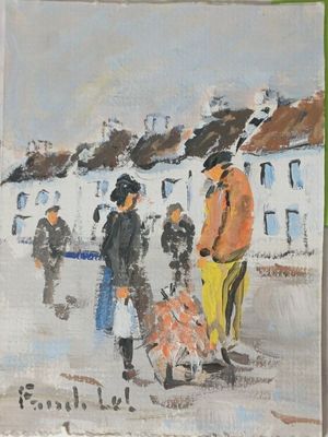 une peinture représentant un groupe de personnes marchant dans la rue
