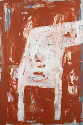 une image représentant un tableau d'une chaise dans une pièce rouge et blanche