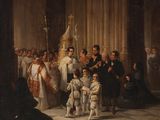 painting of a group of people standing in front of a priest and a child