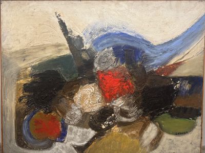 tableau représentant un cheval coiffé d'un chapeau rouge et doté d'une queue bleue