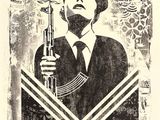 painting of a man in a suit holding a gun with a flower in his hand