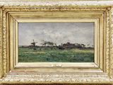 une peinture à l'huile représentant un paysage avec un moulin à vent au loin