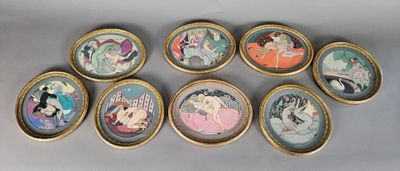 six miniature oval pictures of women and cats in a gold frame