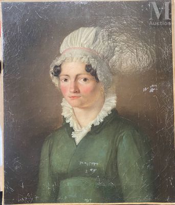 portrait d'une femme en robe verte et à la coiffe