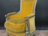 pair of french louis xvi style armchairs in yellow velvet upholstered