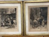 pair of antique black and white pictures of a man and a woman on horses