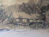 painting of a mountain scene with a house and a horse in the foreground