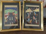 two framed pictures of a couple of people riding horses in a field