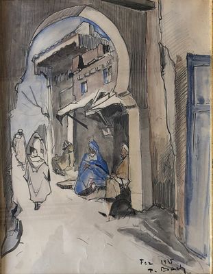 tableau représentant une scène de rue avec un homme et une femme sur le seuil d'une porte