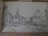 drawing of a village scene with a church steeple in the background