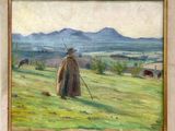 an oil painting of a man standing in a field with cows