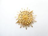 un gros plan d'une broche en or posée sur une surface blanche