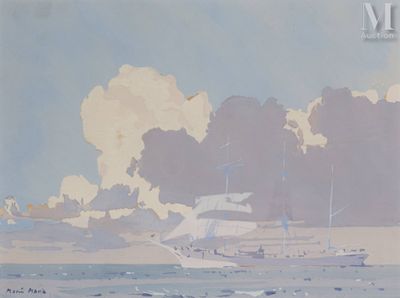 a painting of a boat in the water with clouds in the background