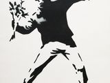 painting of a man throwing a bouquet of flowers in a black and white image