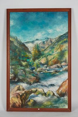 une peinture à l'huile représentant un ruisseau de montagne, dans un cadre en bois