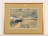 painting of a view of a town from a hill with a horse in the foreground