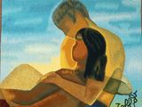 un tableau représentant un homme et une femme assis sur une plage