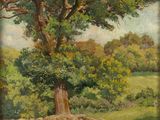 a painting of a large tree in a field with sheep