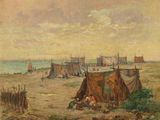 tableau représentant une scène de plage avec des tentes et des personnes près de l'eau