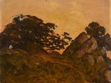 a painting of a mountain scene with trees in the foreground
