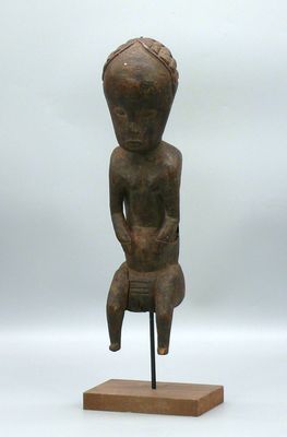 une image représentant une statue d'une personne assise sur un socle en bois