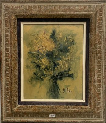 une peinture à l'huile représentant un bouquet de fleurs dans un cadre doré