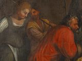 an image of a painting of a man being taken from a manger
