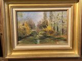 an oil painting of a bridge over a river with trees in the background