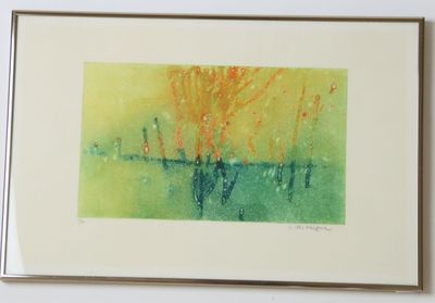 aquarelle encadrée représentant des arbres orange et verts dans un champ