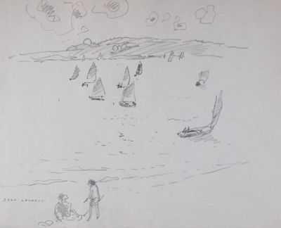 dessin d'une scène de plage avec des gens et des bateaux dans l'eau