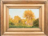 une peinture à l'huile d'un champ avec des arbres en arrière-plan