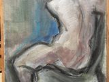 une peinture à l'huile représentant un homme assis sur une chaise devant un tableau