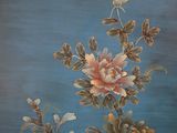 a painting of flowers and butterflies on a blue background
