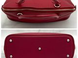a close up of two photos of a red purse